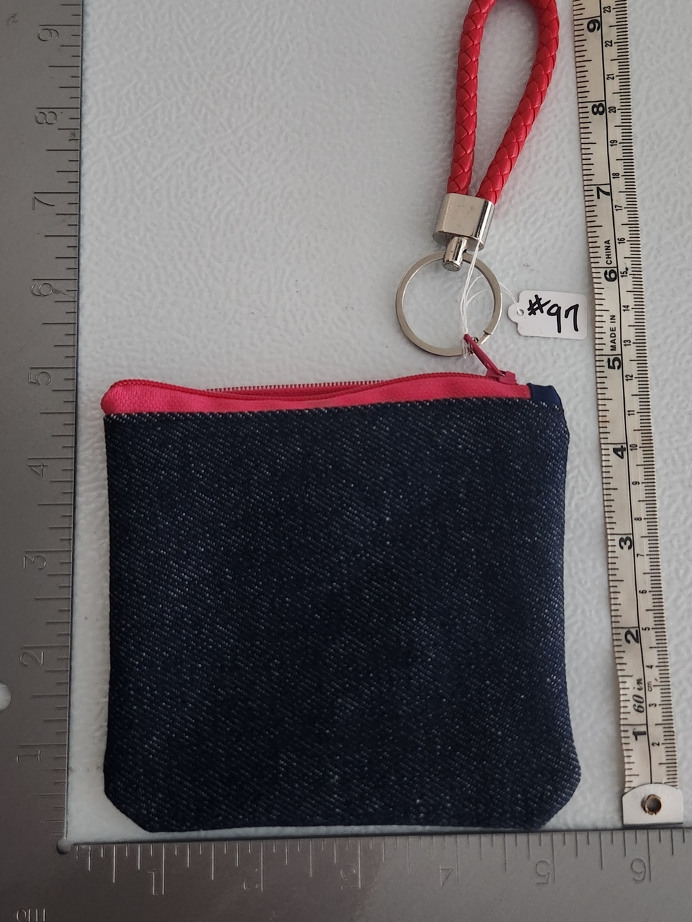 Denim Coin Pouch with Pink Zipper and Red Letherette Strap - Picture 1 of 5